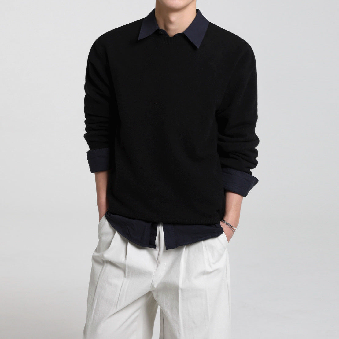 Relaxed Solid Color Crewneck Sweater for Men, Autumn Loose Fit Versatile Layering Top Old Money Knitwear