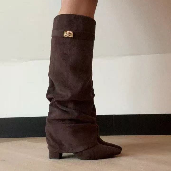 Pointed Toe Straight Tube Pleated Metal Buckle Mid-Calf Boots for Women, Chunky Heel Pipe Boots, Wide Size Available