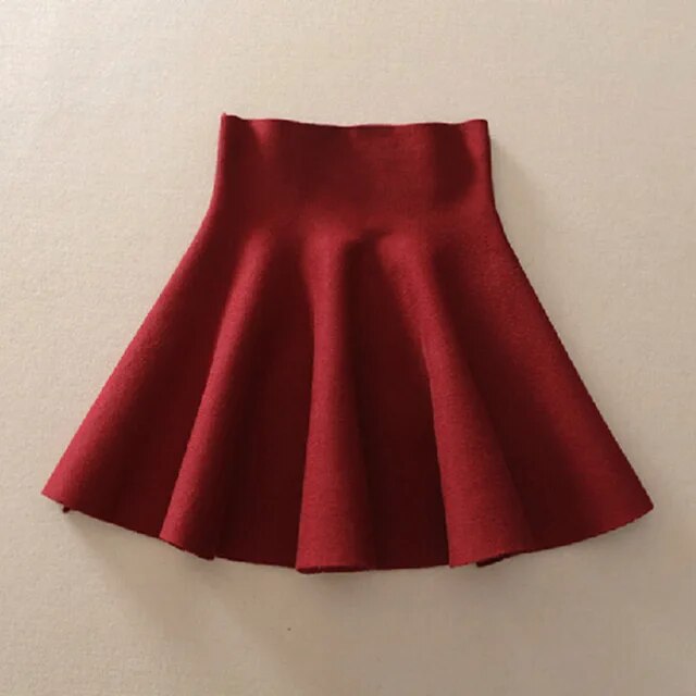 Spring Autumn New Women Skirt Knitting Woolen Midi Skirt Ladies High Waist Casual Pleated Elastic Flared Skirts Womens