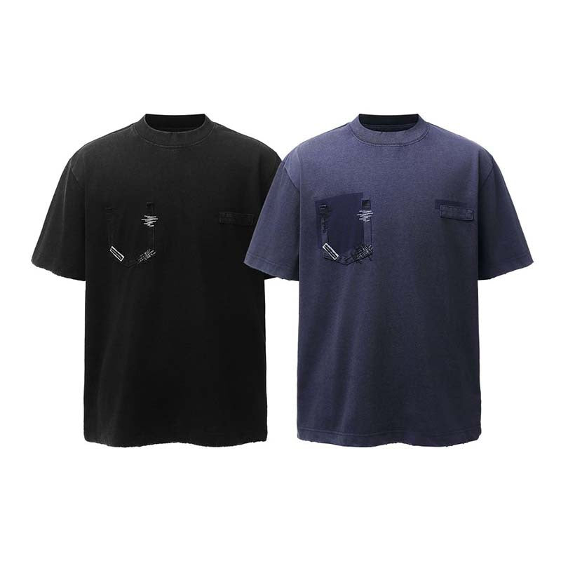 Wash and make old pocket round neck short sleeved shirt