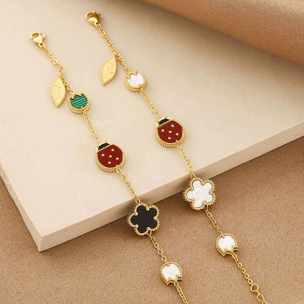 Romantic Cherry Blossom Seven Star Ladybug Bracelet Double sided Fritillaria Five Flower Bracelet