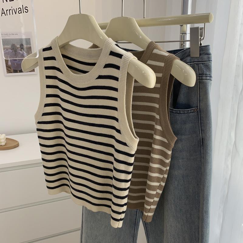 Retro Striped Ice-Silk Knitted Tank Top