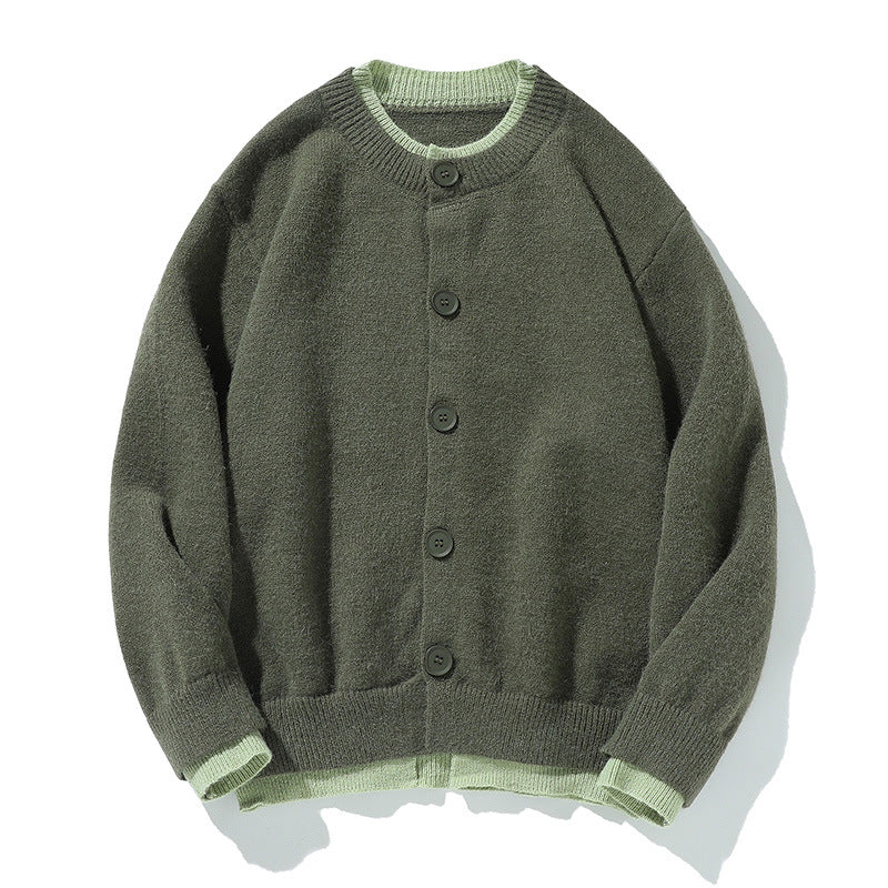 Color-block Knit Cardigan Unisex Loose Fit Retro Old Money Style Sweater