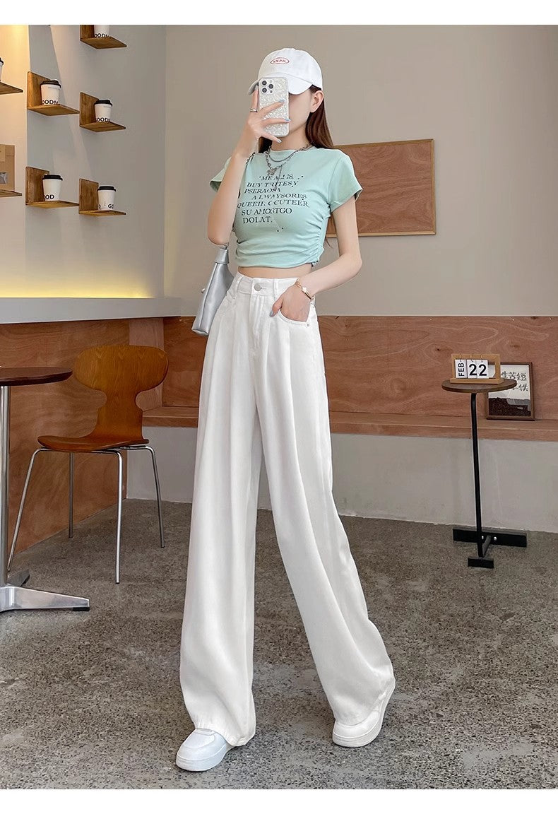 White High-Waisted Straight-Leg Wide-Leg Denim Pants for Women, Loose-Fit Long TrousersFlowing Fabric