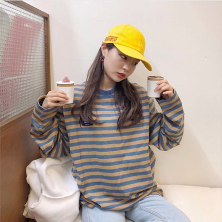 Chic Korean Style Stripe Long Sleeve T-Shirt Loose Crewneck Harajuku Student Basic Tee