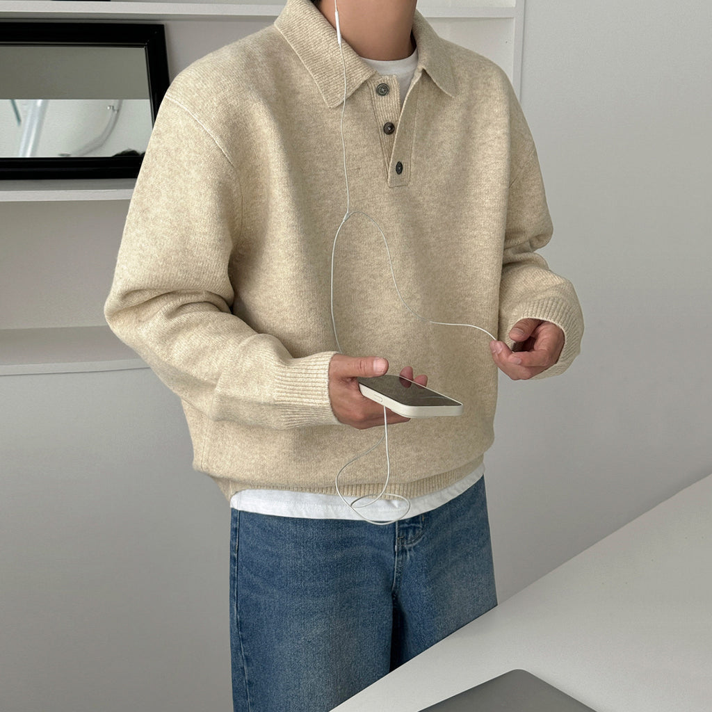 Old Money Style Turn-down Collar Pullover Sweater Men's Winter Warm Knitwear  Commuter Casual Top