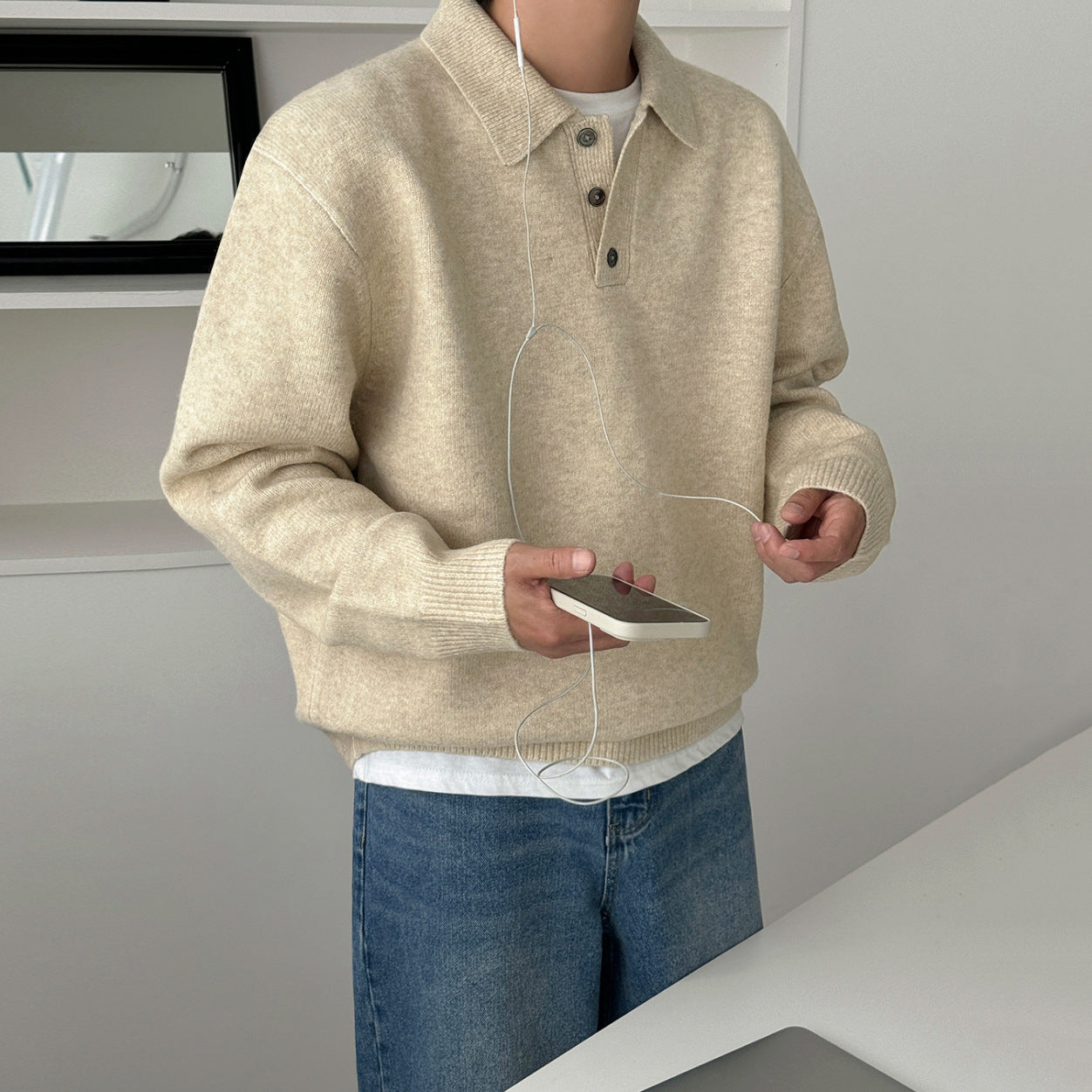 Old Money Style Turn-down Collar Pullover Sweater Men's Winter Warm Knitwear  Commuter Casual Top