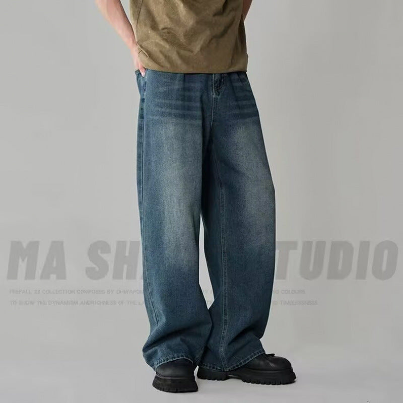Retro Washed Denim Pants Men Loose Straight Leg Clean Fit Wide Leg Floor-Length Trousers Trendy