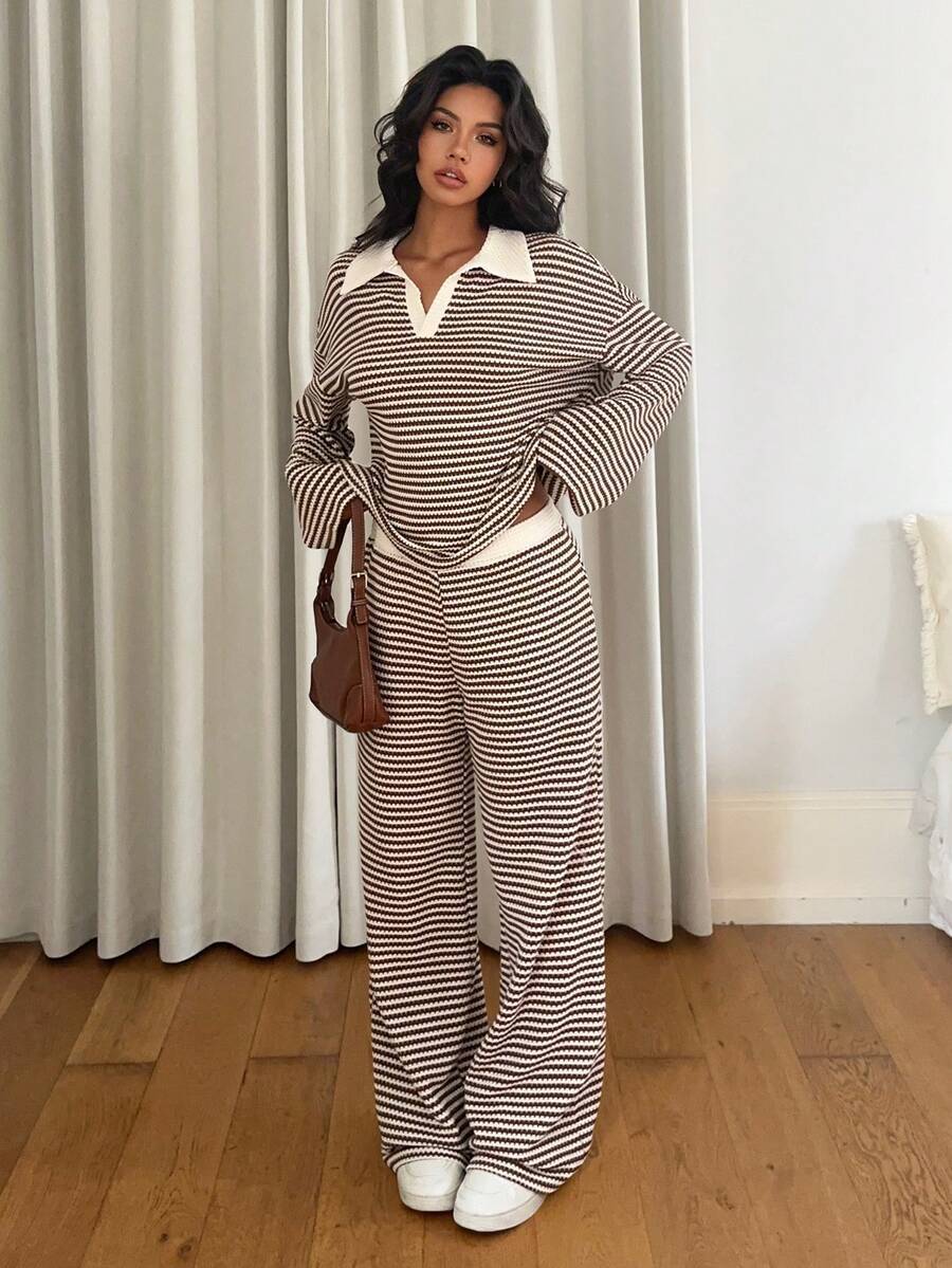 Long sleeved contrasting striped wide leg pants set