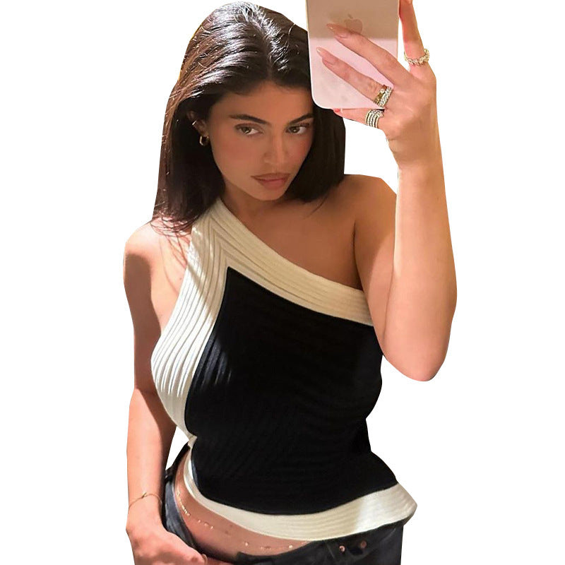 Contrast Asymmetric Halter Vest Top