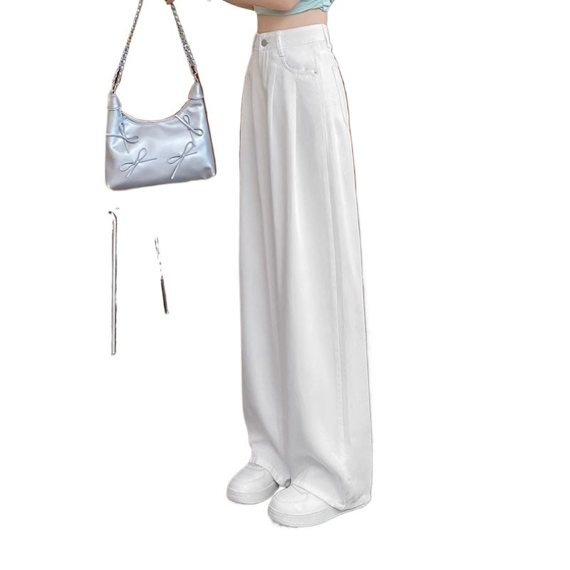 White High-Waisted Straight-Leg Wide-Leg Denim Pants for Women, Loose-Fit Long TrousersFlowing Fabric