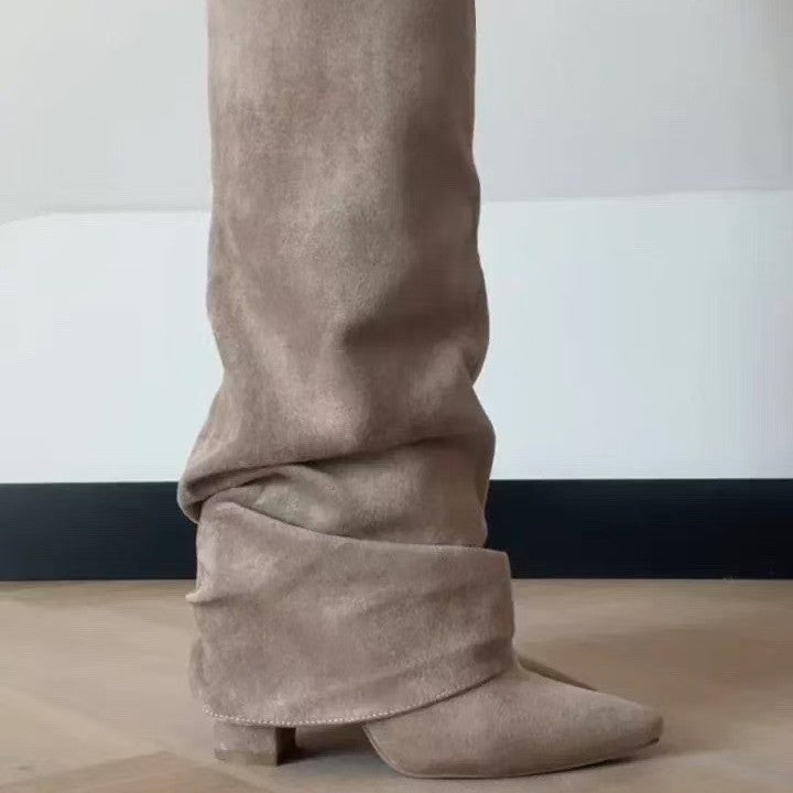 Pointed Toe Straight Tube Pleated Metal Buckle Mid-Calf Boots for Women, Chunky Heel Pipe Boots, Wide Size Available