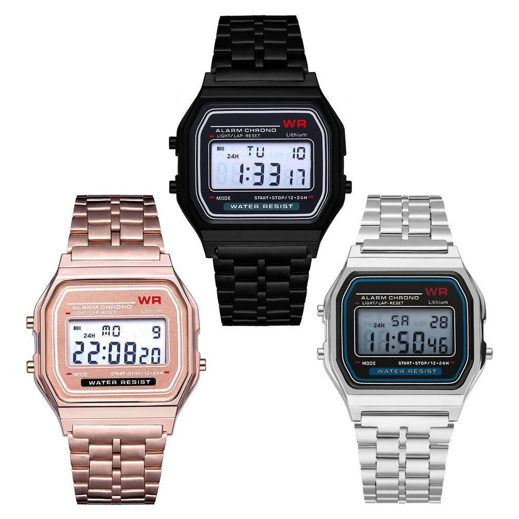 Multi-Color Digital Steel Strap Watch with Alarm & Backlight