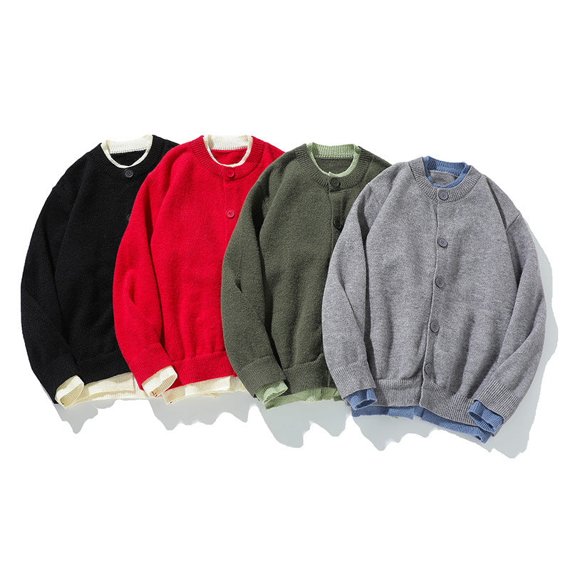Color-block Knit Cardigan Unisex Loose Fit Retro Old Money Style Sweater