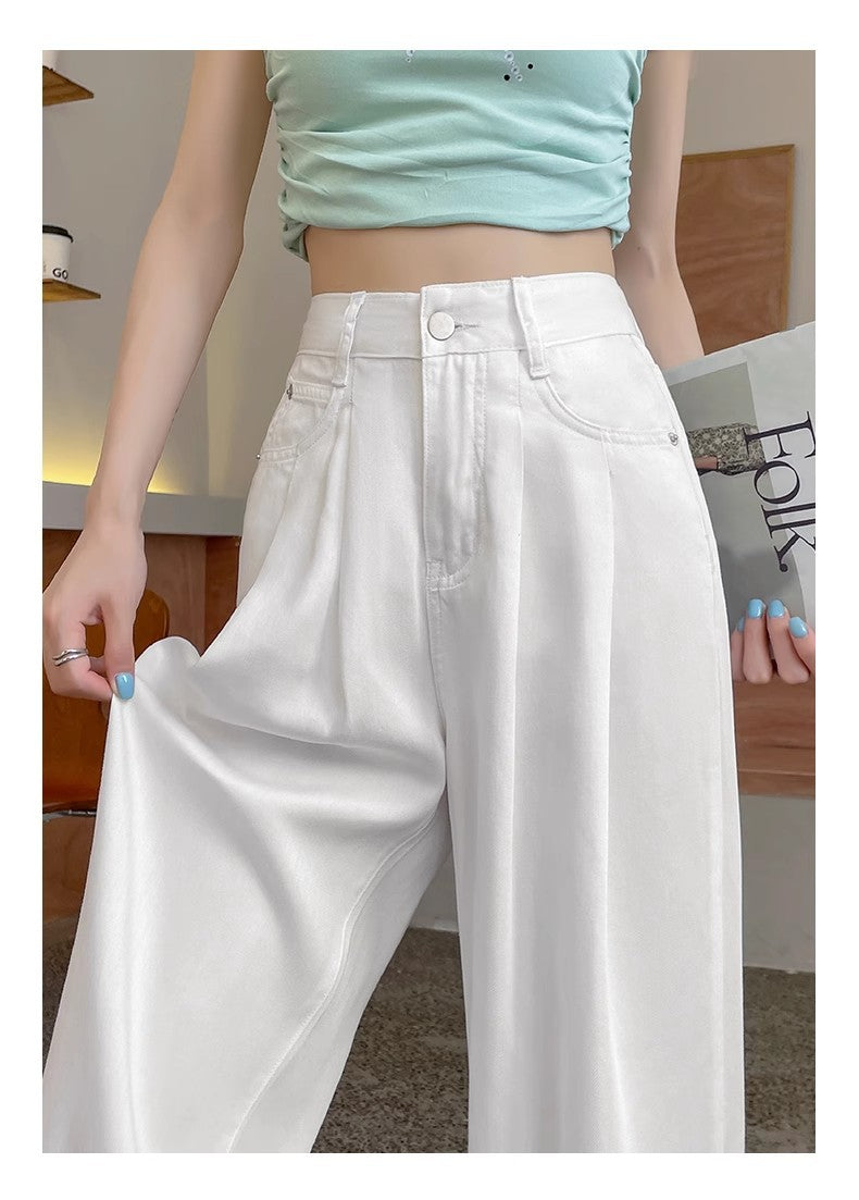 White High-Waisted Straight-Leg Wide-Leg Denim Pants for Women, Loose-Fit Long TrousersFlowing Fabric
