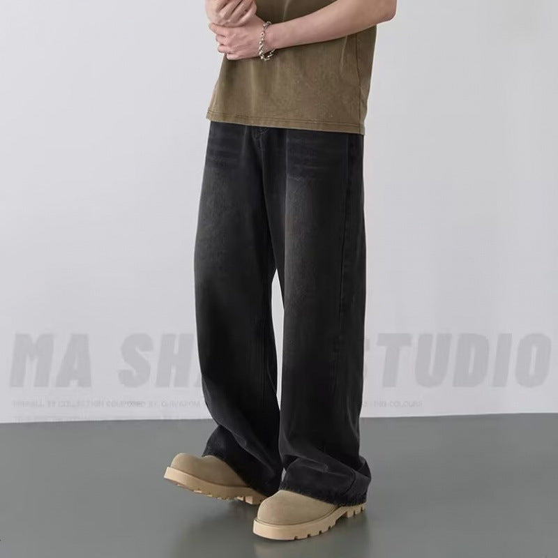Retro Washed Denim Pants Men Loose Straight Leg Clean Fit Wide Leg Floor-Length Trousers Trendy