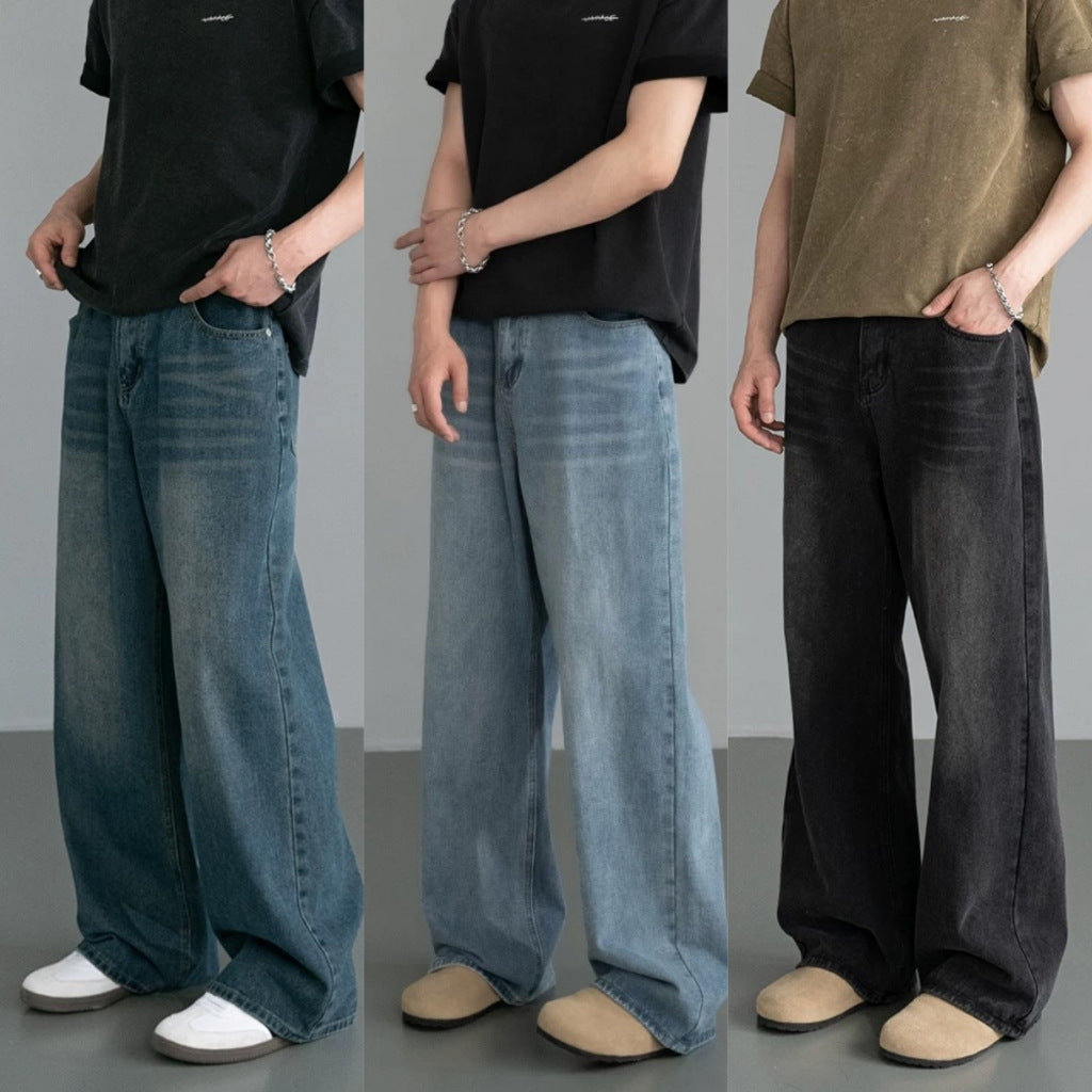 Retro Washed Denim Pants Men Loose Straight Leg Clean Fit Wide Leg Floor-Length Trousers Trendy