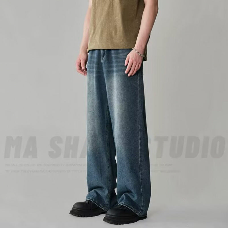 Retro Washed Denim Pants Men Loose Straight Leg Clean Fit Wide Leg Floor-Length Trousers Trendy