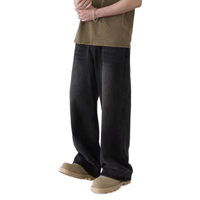 Retro Washed Denim Pants Men Loose Straight Leg Clean Fit Wide Leg Floor-Length Trousers Trendy