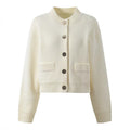 Simplified Ribbed Cream Color Old Money Style Round Neck Metal Button Knit Cardigan for Women