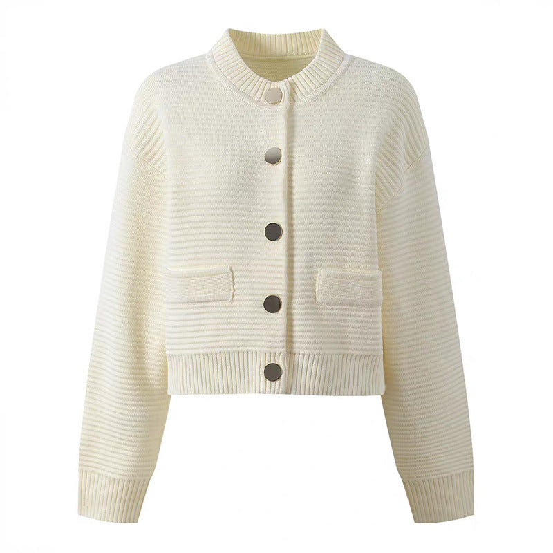 Simplified Ribbed Cream Color Old Money Style Round Neck Metal Button Knit Cardigan for Women