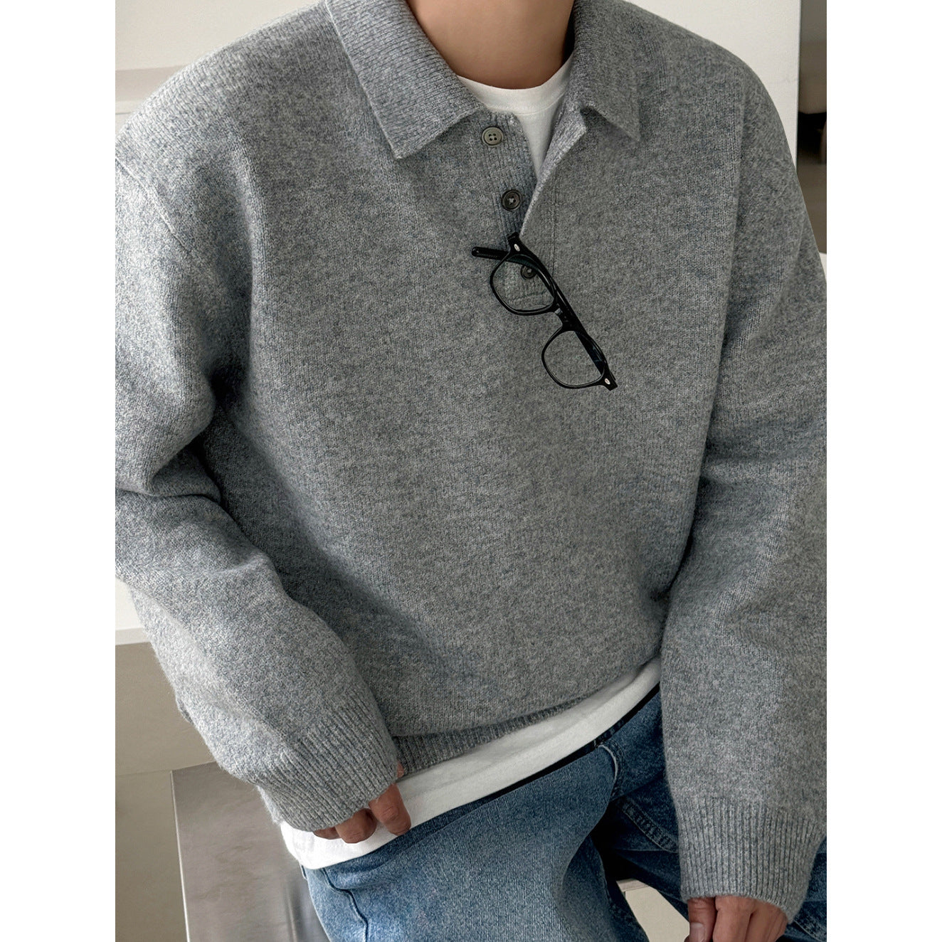 Old Money Style Turn-down Collar Pullover Sweater Men's Winter Warm Knitwear  Commuter Casual Top
