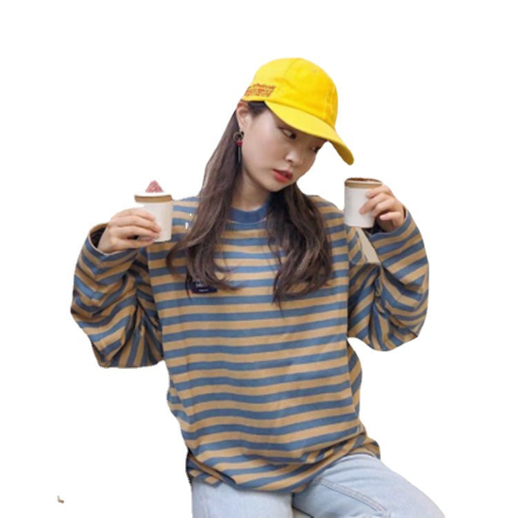 Chic Korean Style Stripe Long Sleeve T-Shirt Loose Crewneck Harajuku Student Basic Tee