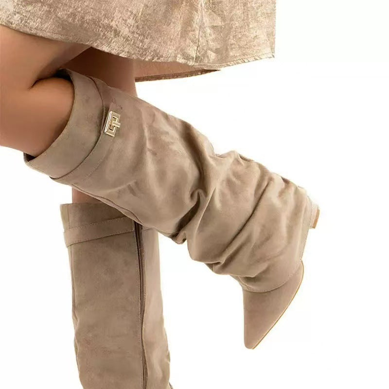 Pointed Toe Straight Tube Pleated Metal Buckle Mid-Calf Boots for Women, Chunky Heel Pipe Boots, Wide Size Available