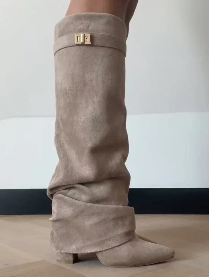Pointed Toe Straight Tube Pleated Metal Buckle Mid-Calf Boots for Women, Chunky Heel Pipe Boots, Wide Size Available