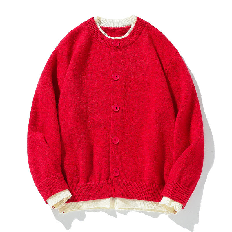 Color-block Knit Cardigan Unisex Loose Fit Retro Old Money Style Sweater
