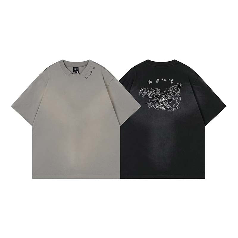 Character printing spray painting making old short sleeves