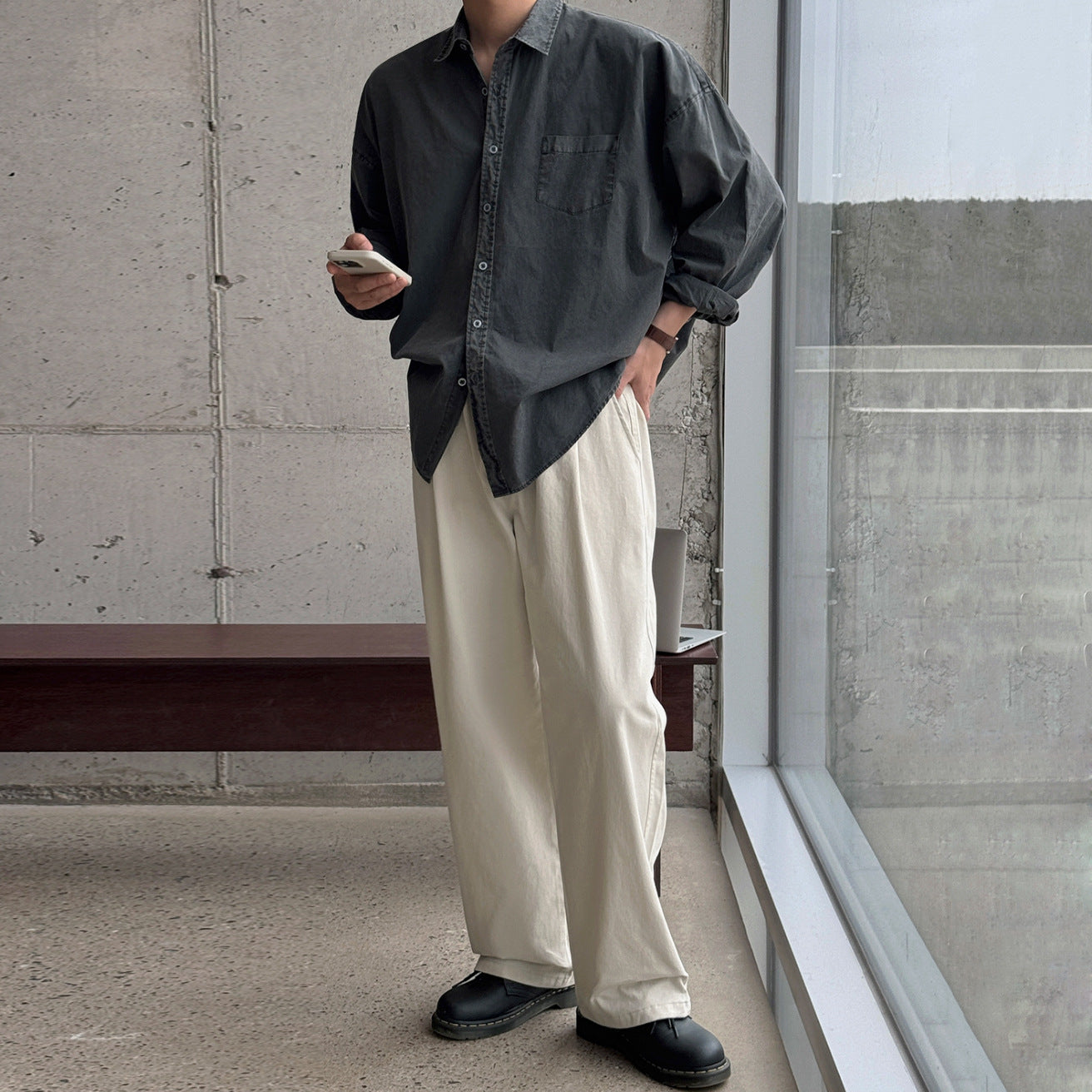 Vintage Washed Long Sleeve Shirt Men Autumn Loose Casual Shirt Commute Old Money Style Top