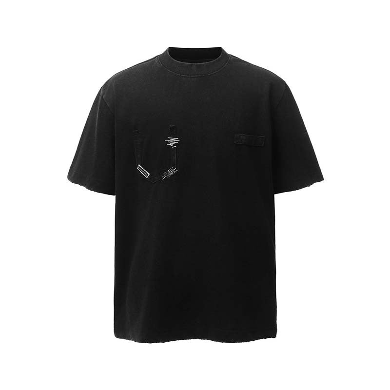 Wash and make old pocket round neck short sleeved shirt