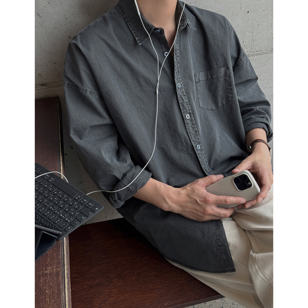 Vintage Washed Long Sleeve Shirt Men Autumn Loose Casual Shirt Commute Old Money Style Top