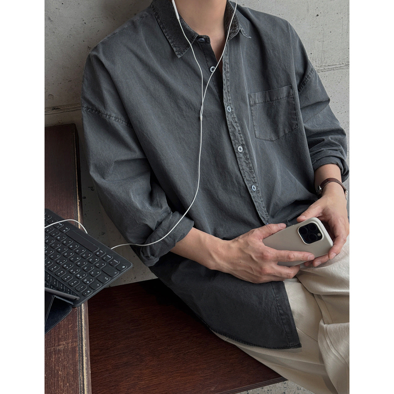Vintage Washed Long Sleeve Shirt Men Autumn Loose Casual Shirt Commute Old Money Style Top