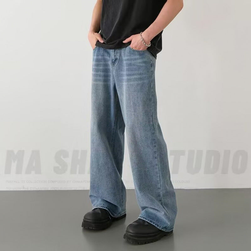 Retro Washed Denim Pants Men Loose Straight Leg Clean Fit Wide Leg Floor-Length Trousers Trendy