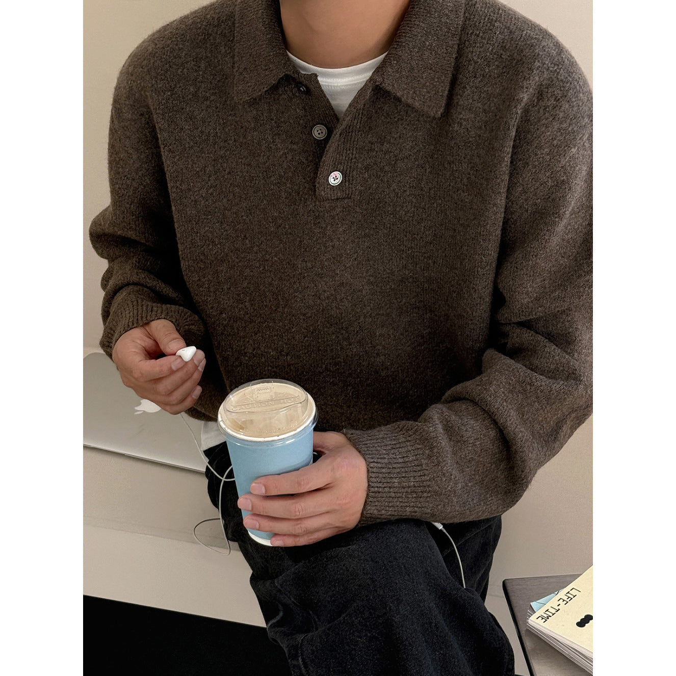 Old Money Style Turn-down Collar Pullover Sweater Men's Winter Warm Knitwear  Commuter Casual Top