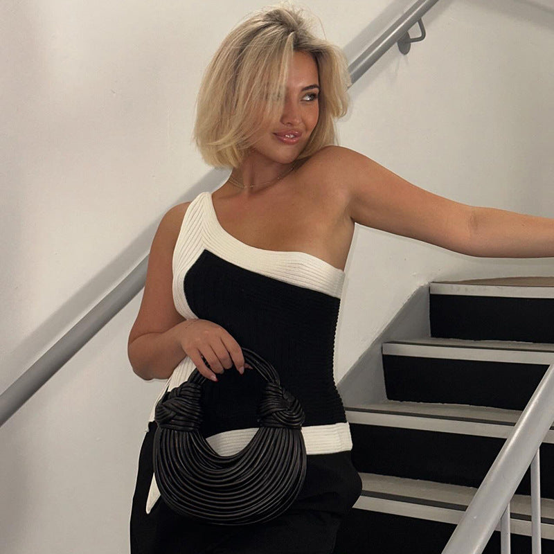 Contrast Asymmetric Halter Vest Top
