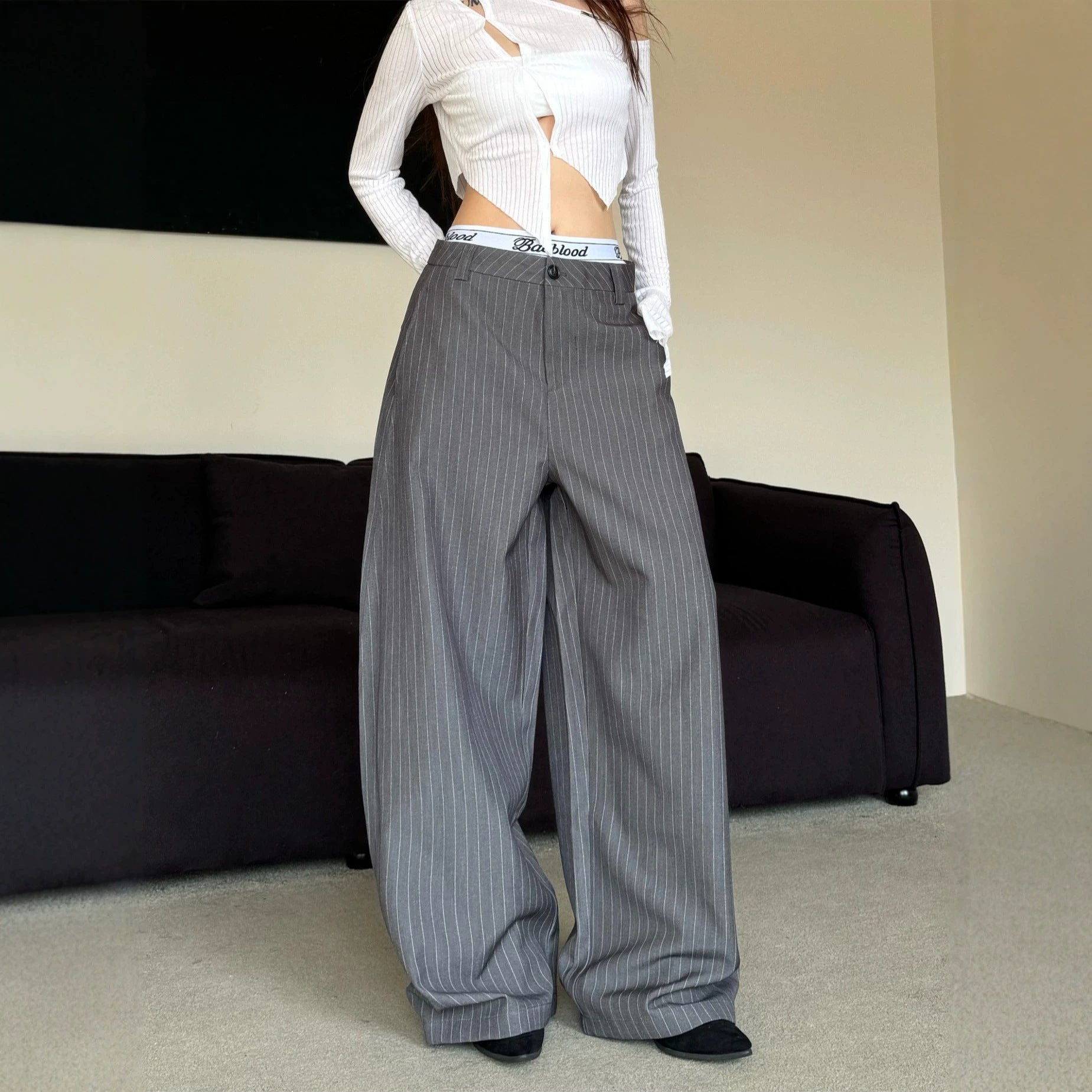 Stripe Gray Casual Pants Men Women Old Money Style