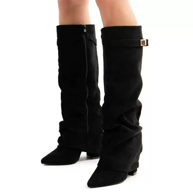 Pointed Toe Straight Tube Pleated Metal Buckle Mid-Calf Boots for Women, Chunky Heel Pipe Boots, Wide Size Available