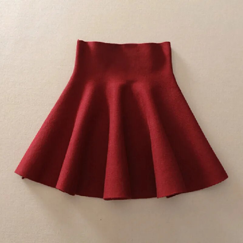 Spring Autumn New Women Skirt Knitting Woolen Midi Skirt Ladies High Waist Casual Pleated Elastic Flared Skirts Womens