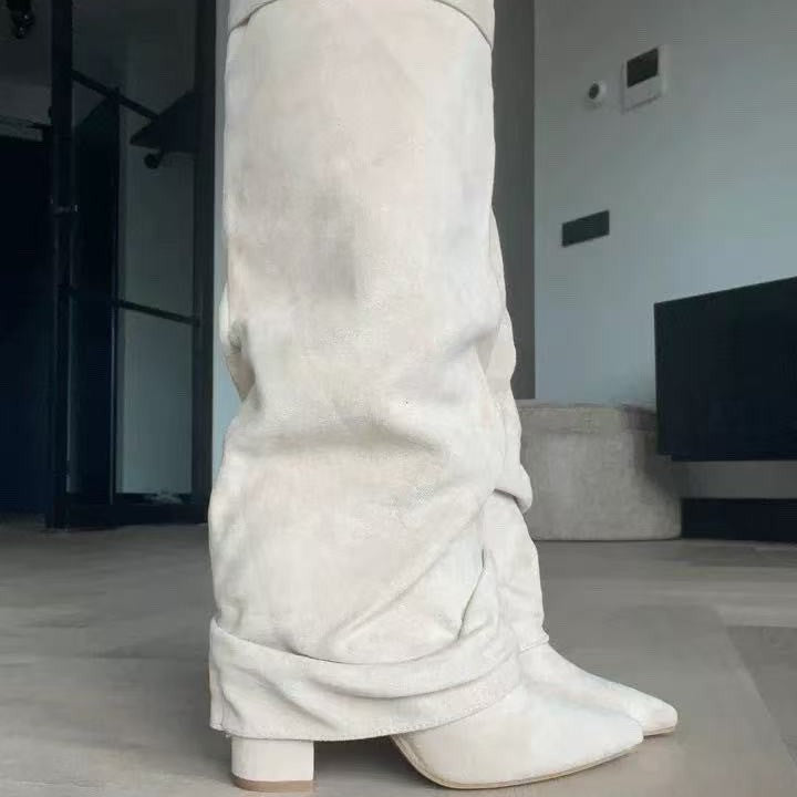 Pointed Toe Straight Tube Pleated Metal Buckle Mid-Calf Boots for Women, Chunky Heel Pipe Boots, Wide Size Available