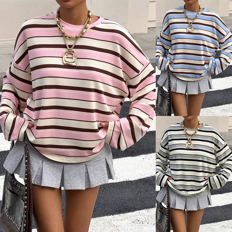 Round neck contrasting striped pullover loose hoodie