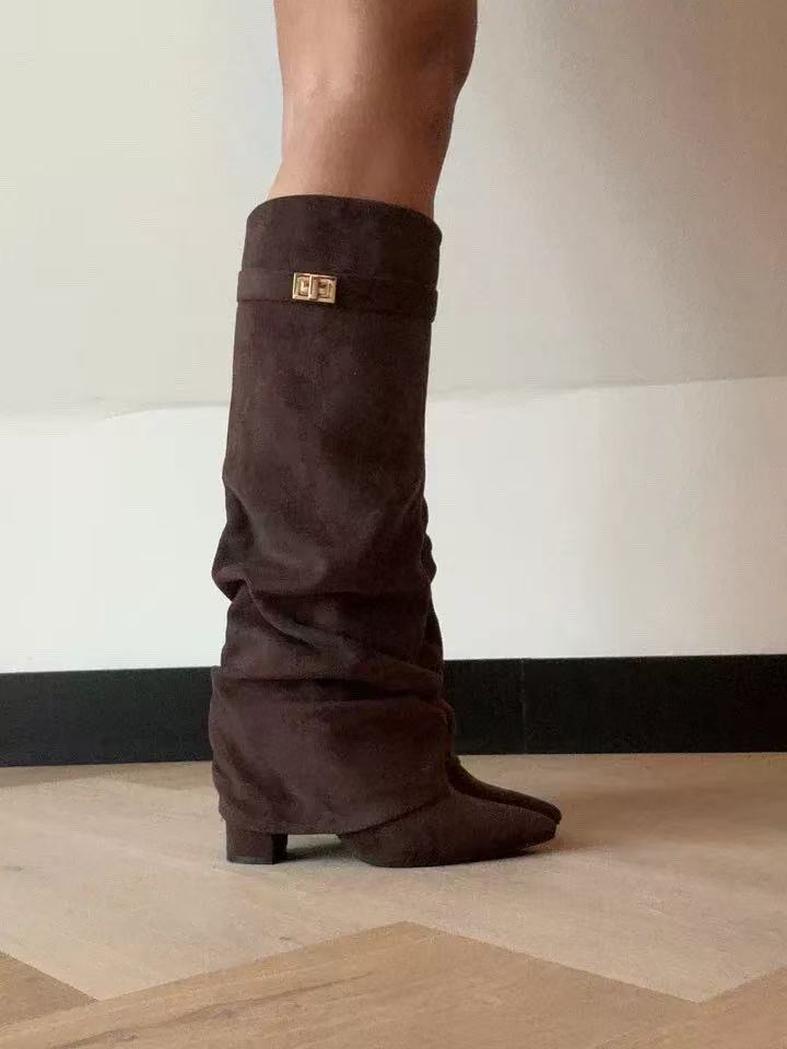 Pointed Toe Straight Tube Pleated Metal Buckle Mid-Calf Boots for Women, Chunky Heel Pipe Boots, Wide Size Available