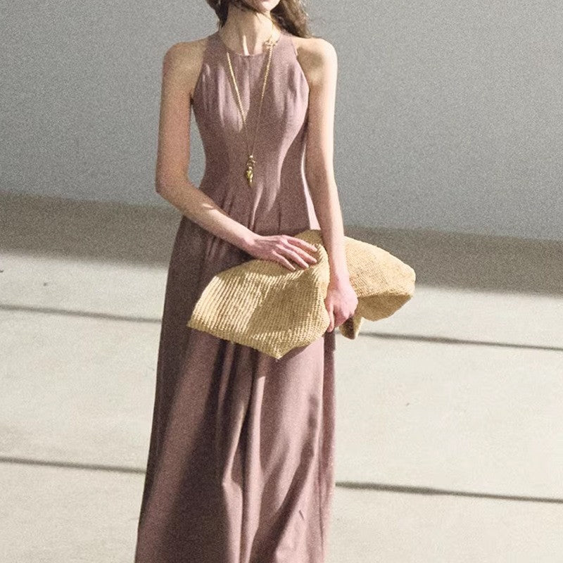 Gold-Thread Linen Open-Back Maxi Dress
