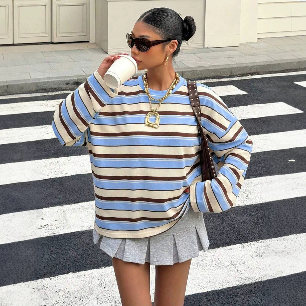 Round neck contrasting striped pullover loose hoodie