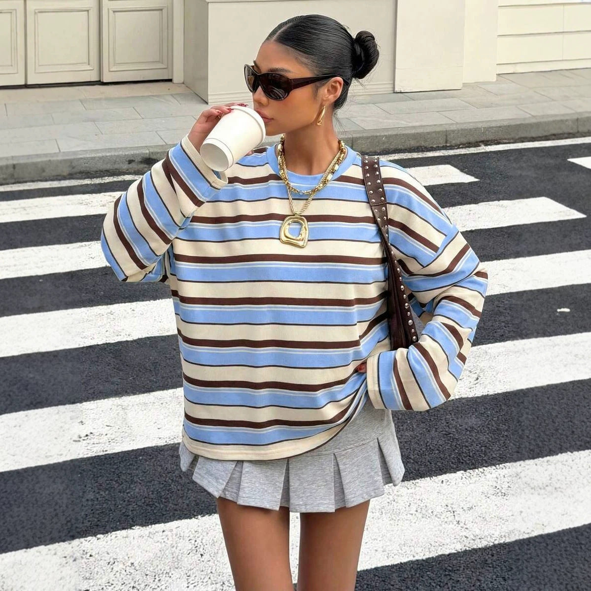 Round neck contrasting striped pullover loose hoodie