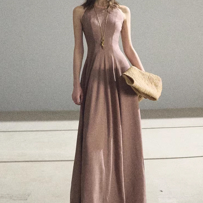 Gold-Thread Linen Open-Back Maxi Dress