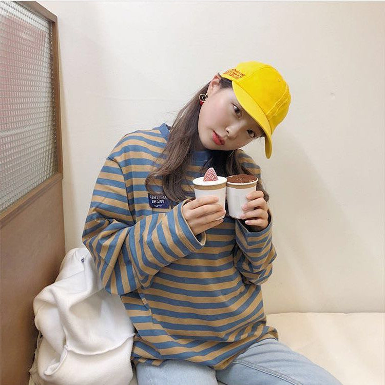 Chic Korean Style Stripe Long Sleeve T-Shirt Loose Crewneck Harajuku Student Basic Tee