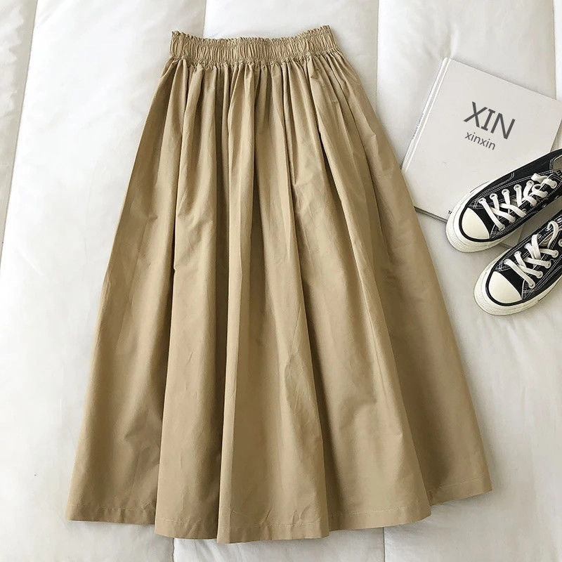 Elegant Slim Fit A-Line Skirt Pleated High Waist Midi Skirt